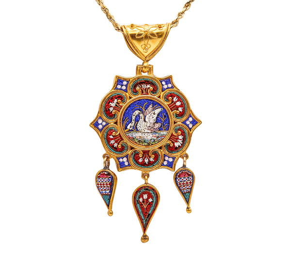-Roman Revival 1850 Papal States Pendant In 19Kt Yellow Gold Swan In Micro Mosaic