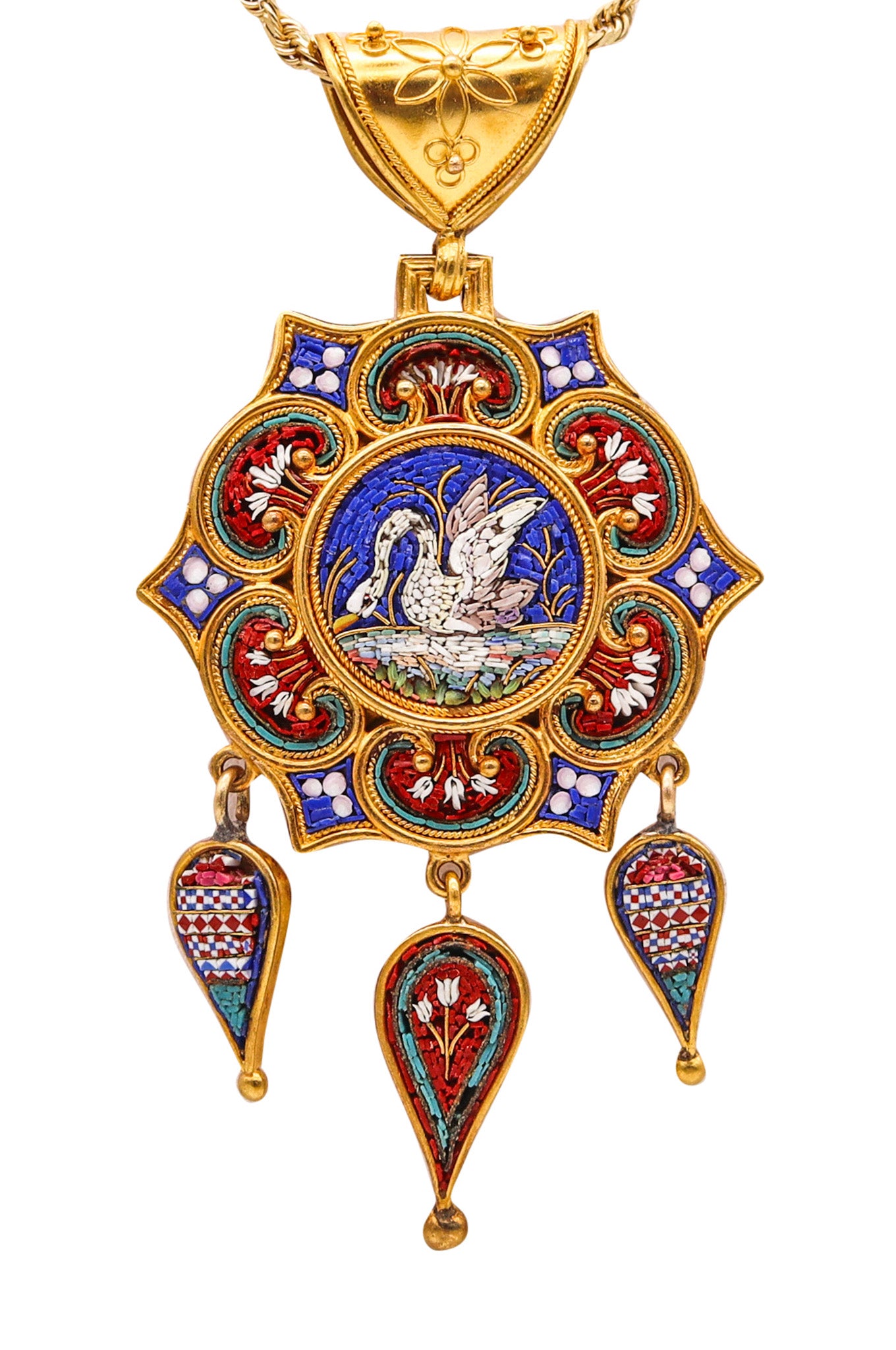 -Roman Revival 1850 Papal States Pendant In 19Kt Yellow Gold Swan In Micro Mosaic