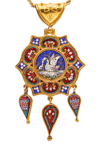 -Roman Revival 1850 Papal States Pendant In 19Kt Yellow Gold Swan In Micro Mosaic