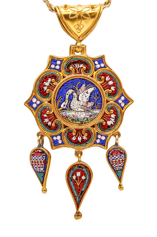-Roman Revival 1850 Papal States Pendant In 19Kt Yellow Gold Swan In Micro Mosaic