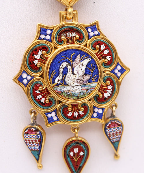 -Roman Revival 1850 Papal States Pendant In 19Kt Yellow Gold Swan In Micro Mosaic
