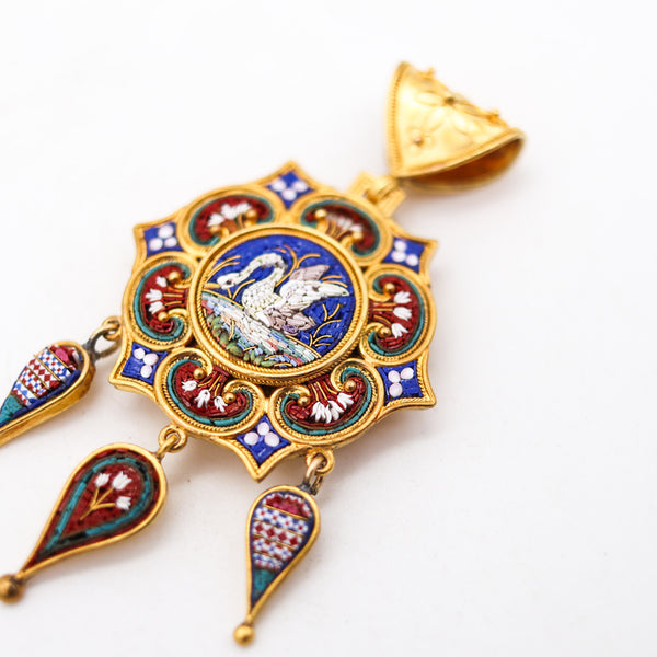 -Roman Revival 1850 Papal States Pendant In 19Kt Yellow Gold Swan In Micro Mosaic
