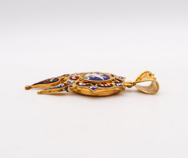 -Roman Revival 1850 Papal States Pendant In 19Kt Yellow Gold Swan In Micro Mosaic