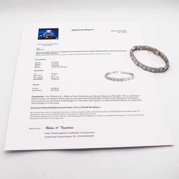 -Tiffany & Co Paris 1925 French Art Deco Platinum Bracelet With 14.06 Ctw In Diamonds