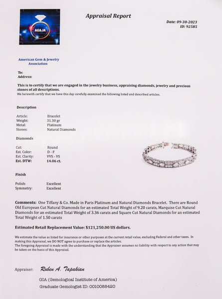 -Tiffany & Co Paris 1925 French Art Deco Platinum Bracelet With 14.06 Ctw In Diamonds
