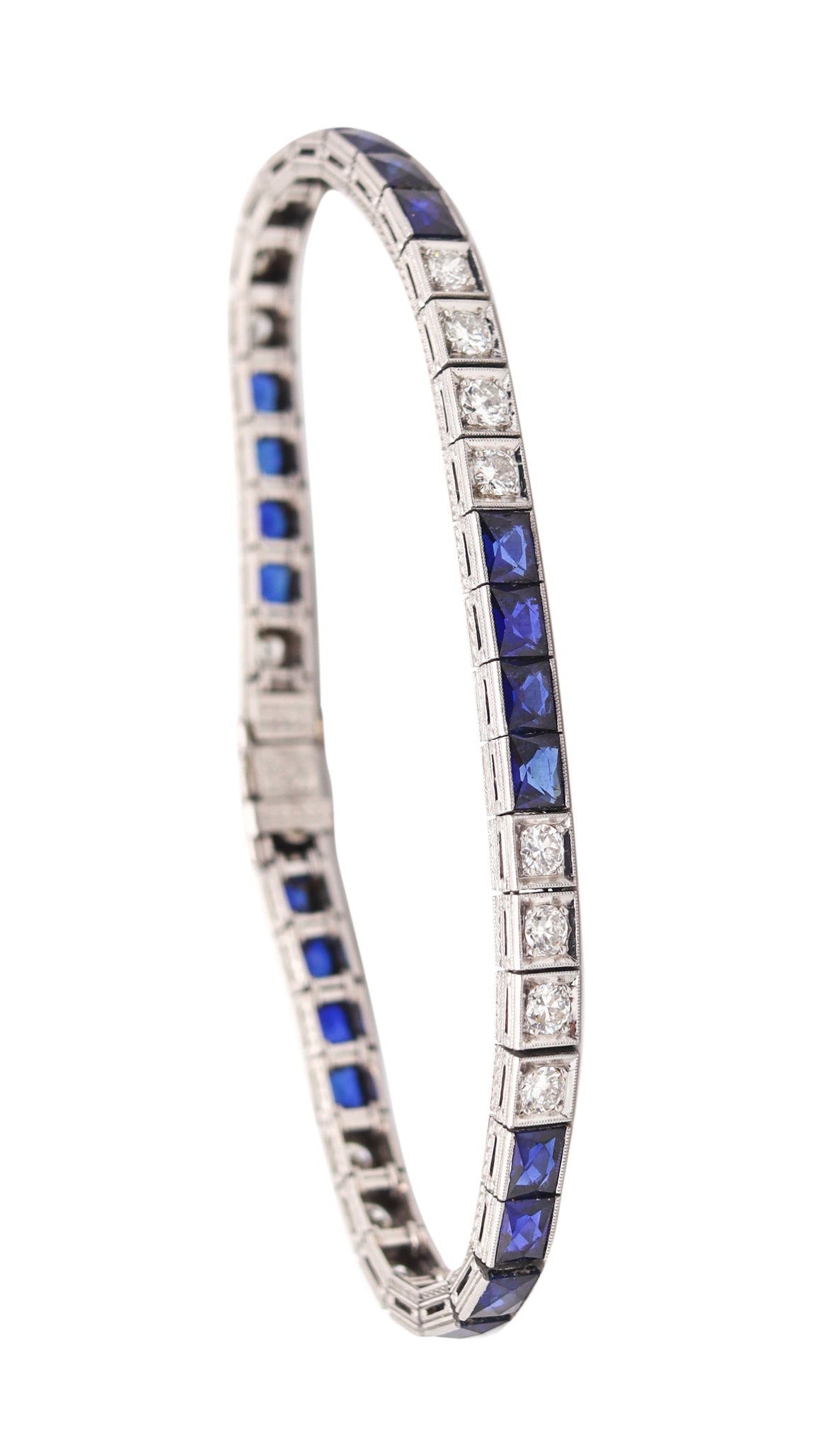 KATZ & OGUSH 1930 Art Deco Platinum Riviera Bracelet With Sapphires & Diamonds