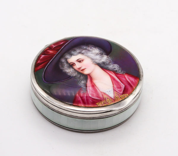 -Edwardian 1910 Pforzheim Guilloche Enameled Round Box In .900 Sterling Silver