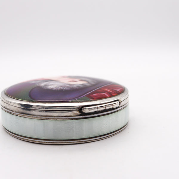 -Edwardian 1910 Pforzheim Guilloche Enameled Round Box In .900 Sterling Silver