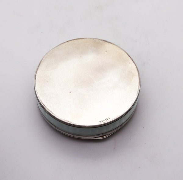 -Edwardian 1910 Pforzheim Guilloche Enameled Round Box In .900 Sterling Silver