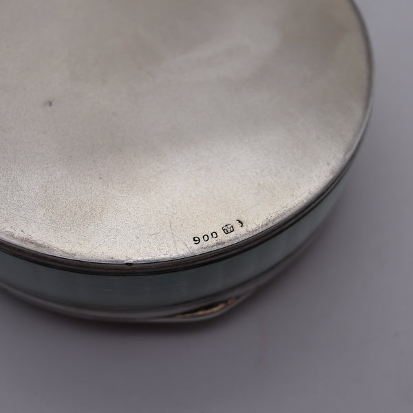 -Edwardian 1910 Pforzheim Guilloche Enameled Round Box In .900 Sterling Silver