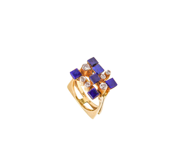 SCANDINAVIAN 1970 Geometric Ring In 14Kt Yellow Gold With Diamonds And Lapis Lazuli