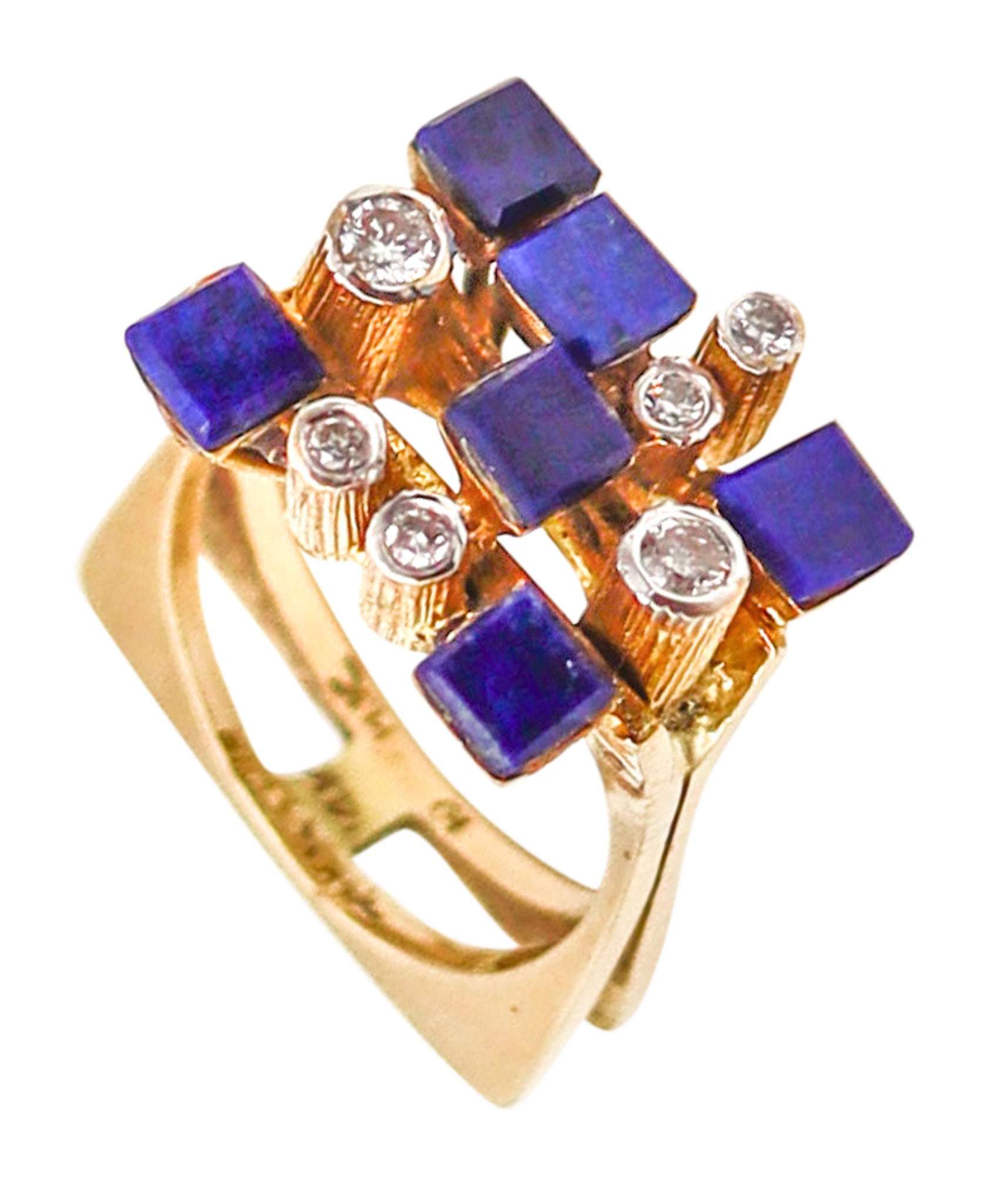 SCANDINAVIAN 1970 Geometric Ring In 14Kt Yellow Gold With Diamonds And Lapis Lazuli