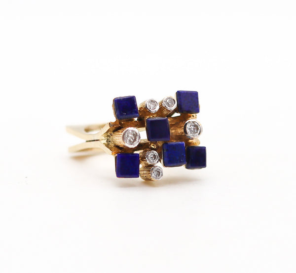 SCANDINAVIAN 1970 Geometric Ring In 14Kt Yellow Gold With Diamonds And Lapis Lazuli