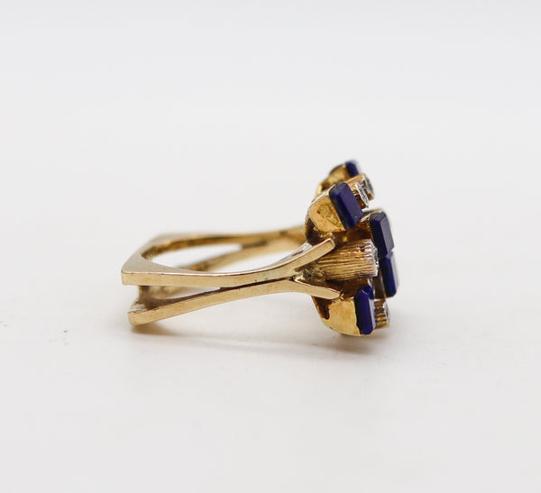 SCANDINAVIAN 1970 Geometric Ring In 14Kt Yellow Gold With Diamonds And Lapis Lazuli