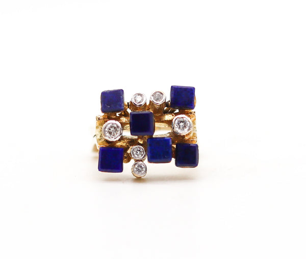 SCANDINAVIAN 1970 Geometric Ring In 14Kt Yellow Gold With Diamonds And Lapis Lazuli