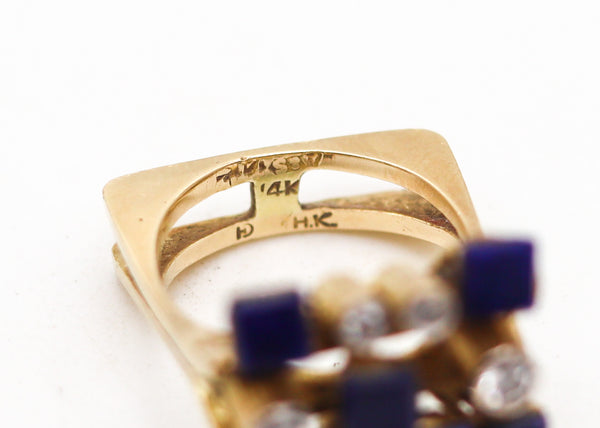 SCANDINAVIAN 1970 Geometric Ring In 14Kt Yellow Gold With Diamonds And Lapis Lazuli