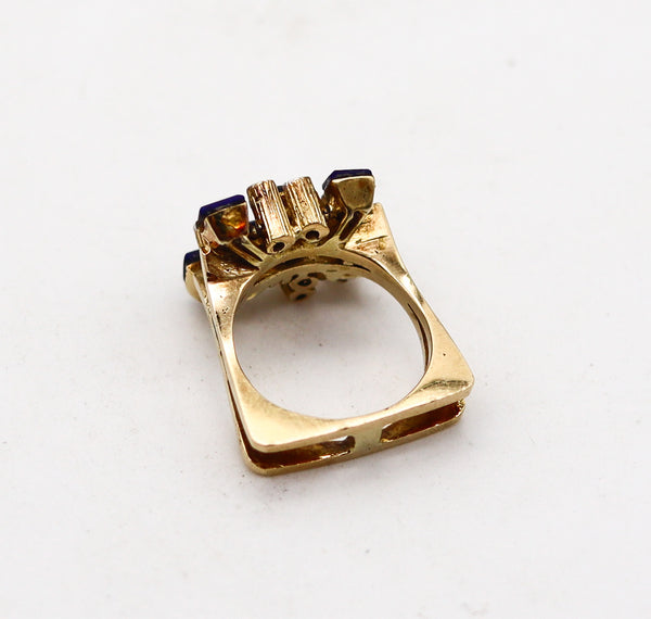 SCANDINAVIAN 1970 Geometric Ring In 14Kt Yellow Gold With Diamonds And Lapis Lazuli