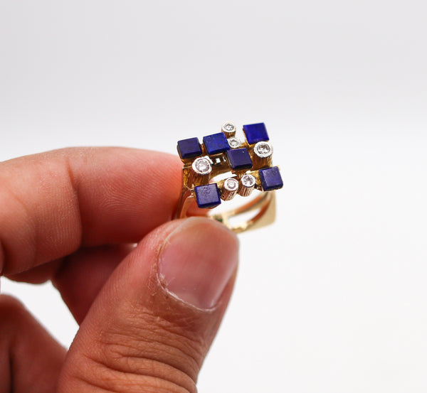 SCANDINAVIAN 1970 Geometric Ring In 14Kt Yellow Gold With Diamonds And Lapis Lazuli