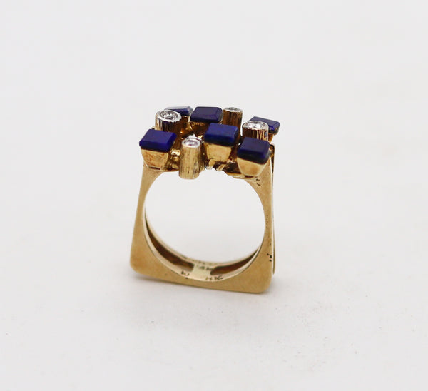 SCANDINAVIAN 1970 Geometric Ring In 14Kt Yellow Gold With Diamonds And Lapis Lazuli