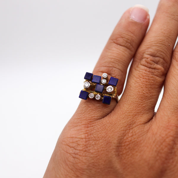 SCANDINAVIAN 1970 Geometric Ring In 14Kt Yellow Gold With Diamonds And Lapis Lazuli