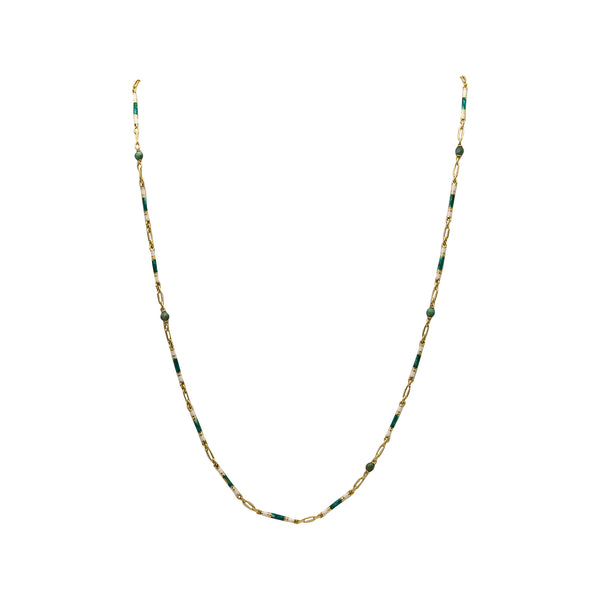 EDWARDIAN 1900-1905 Guilloche Green Enameled Chain In 14Kt Yellow Gold With Jade Beads