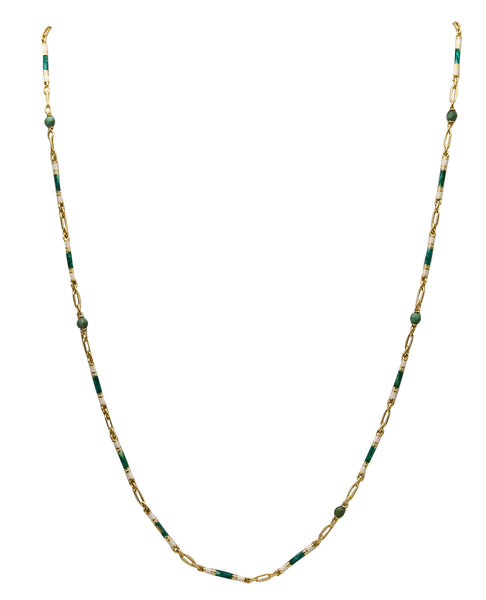 EDWARDIAN 1900-1905 Guilloche Green Enameled Chain In 14Kt Yellow Gold With Jade Beads