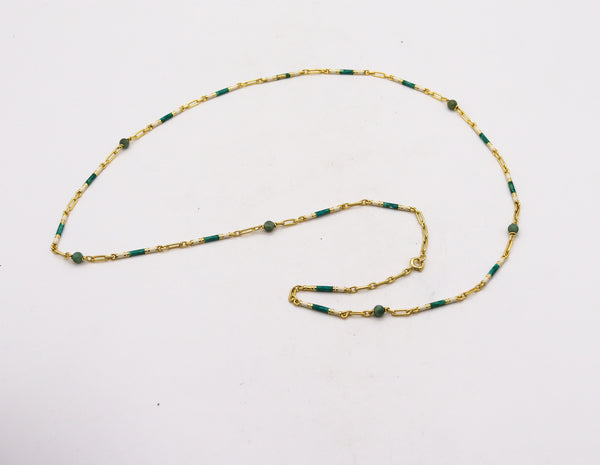 EDWARDIAN 1900-1905 Guilloche Green Enameled Chain In 14Kt Yellow Gold With Jade Beads