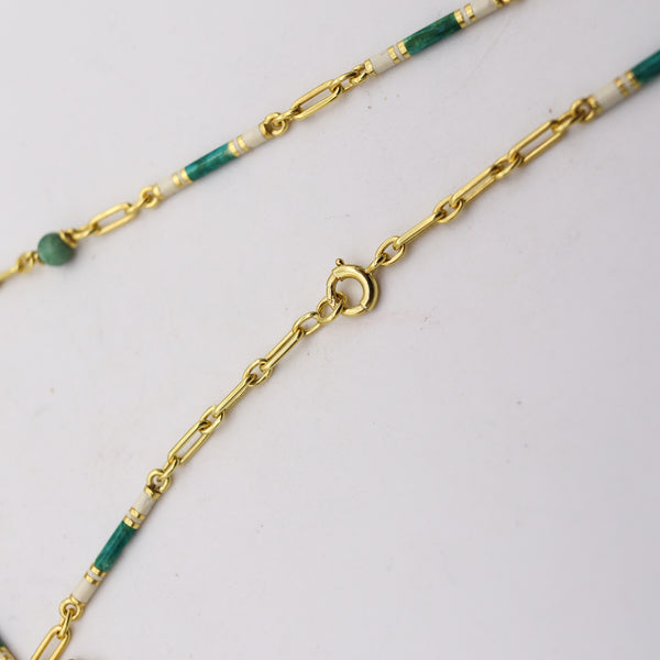 -Edwardian 1900-1905 Guilloche Green Enameled Chain In 14Kt Gold With Jade