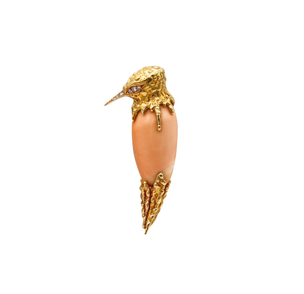 -Pierre Sterlé 1970 Modernist Bird Brooch In 18Kt Yellow Gold With Diamonds And Shell