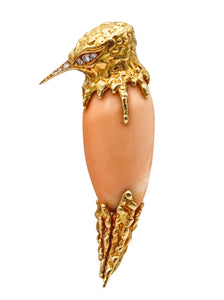 -Pierre Sterlé 1970 Modernist Bird Brooch In 18Kt Yellow Gold With Diamonds And Shell