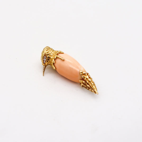 -Pierre Sterlé 1970 Modernist Bird Brooch In 18Kt Yellow Gold With Diamonds And Shell