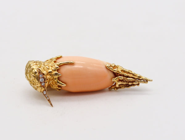 -Pierre Sterlé 1970 Modernist Bird Brooch In 18Kt Yellow Gold With Diamonds And Shell