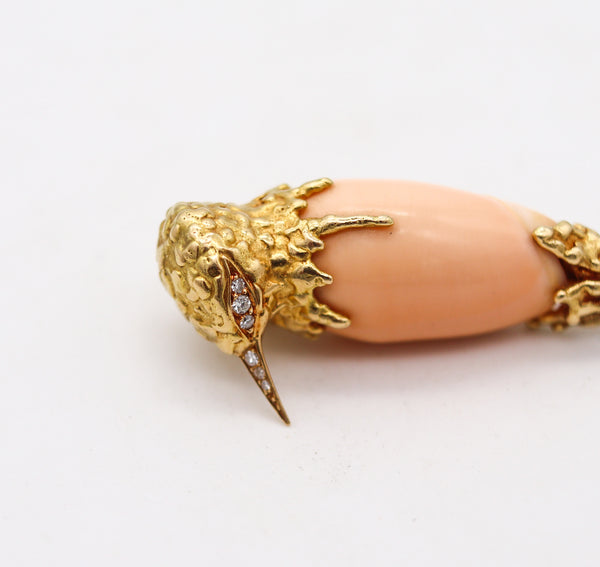 -Pierre Sterlé 1970 Modernist Bird Brooch In 18Kt Yellow Gold With Diamonds And Shell