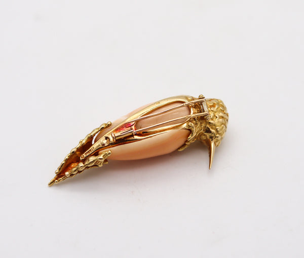 -Pierre Sterlé 1970 Modernist Bird Brooch In 18Kt Yellow Gold With Diamonds And Shell