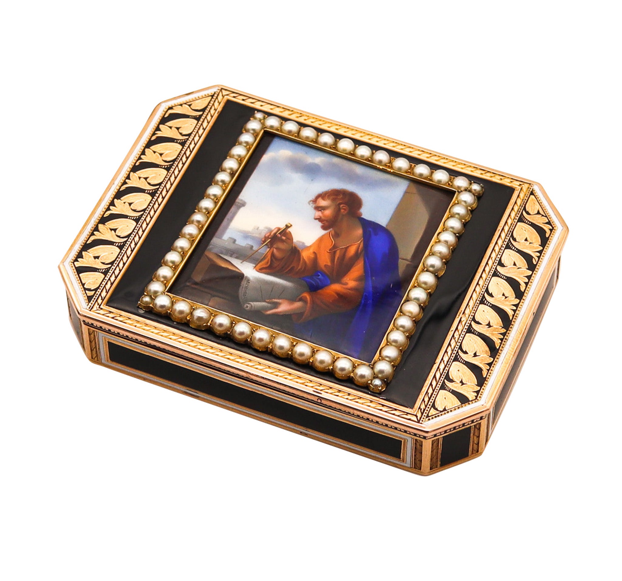 -Swiss 1825 Archimedes Enameled Snuff-Box In 18Kt Yellow Gold With Pearls