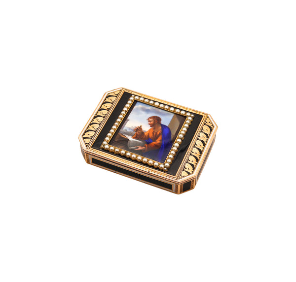 -Swiss 1825 Archimedes Enameled Snuff-Box In 18Kt Yellow Gold With Pearls