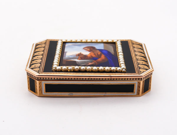 -Swiss 1825 Archimedes Enameled Snuff-Box In 18Kt Yellow Gold With Pearls