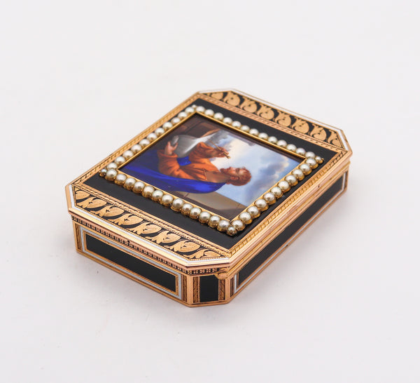 -Swiss 1825 Archimedes Enameled Snuff-Box In 18Kt Yellow Gold With Pearls