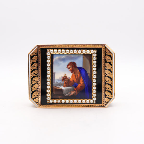 -Swiss 1825 Archimedes Enameled Snuff-Box In 18Kt Yellow Gold With Pearls