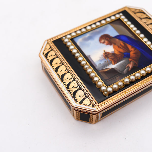 -Swiss 1825 Archimedes Enameled Snuff-Box In 18Kt Yellow Gold With Pearls