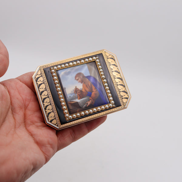 -Swiss 1825 Archimedes Enameled Snuff-Box In 18Kt Yellow Gold With Pearls