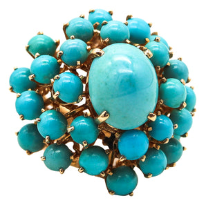 -Mid Century 1960 Modernist Cluster Ring In 14Kt Gold With 25.56 Ctw In Turquoises