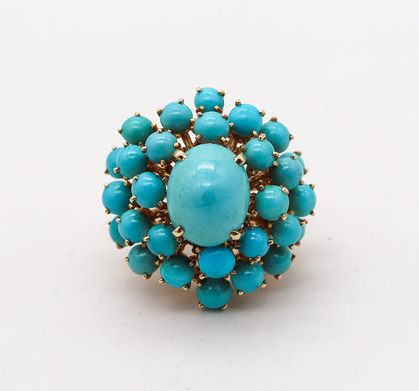 -Mid Century 1960 Modernist Cluster Ring In 14Kt Gold With 25.56 Ctw In Turquoises