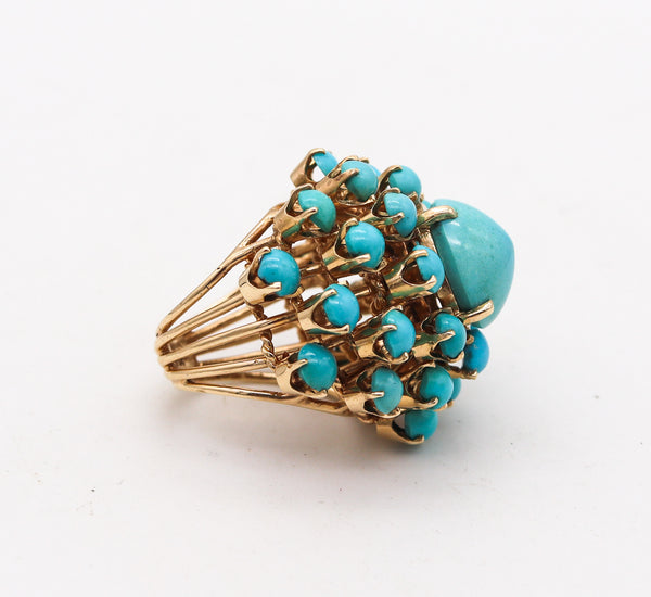 -Mid Century 1960 Modernist Cluster Ring In 14Kt Gold With 25.56 Ctw In Turquoises