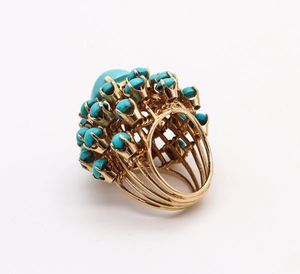 -Mid Century 1960 Modernist Cluster Ring In 14Kt Gold With 25.56 Ctw In Turquoises