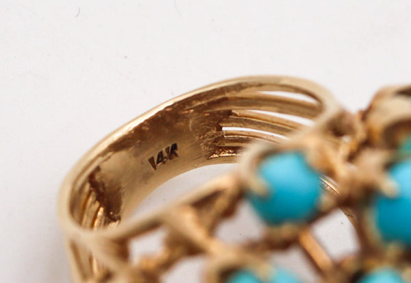 -Mid Century 1960 Modernist Cluster Ring In 14Kt Gold With 25.56 Ctw In Turquoises