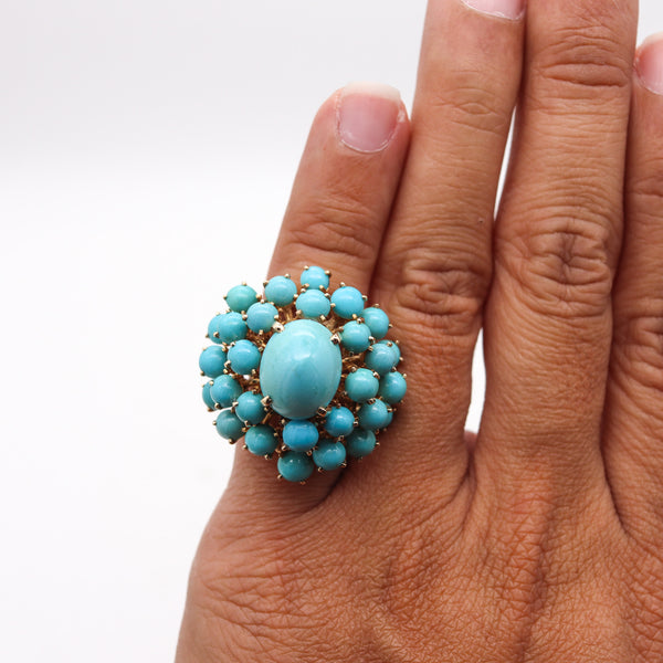 -Mid Century 1960 Modernist Cluster Ring In 14Kt Gold With 25.56 Ctw In Turquoises