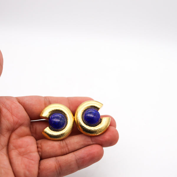 ZOLOTAS Greece Clips On Earrings in Solid 22Kt Yellow Gold With Lapis Lazuli