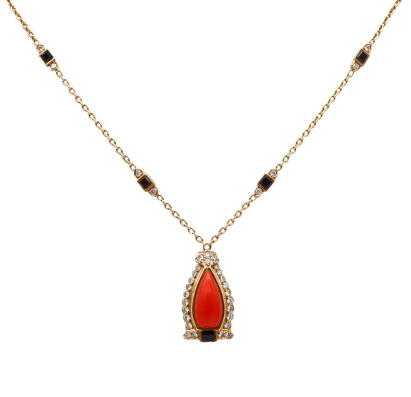 CARTIER Paris 1940 Art Deco Necklace In 18Kt Gold With Diamonds Coral & Onyxes