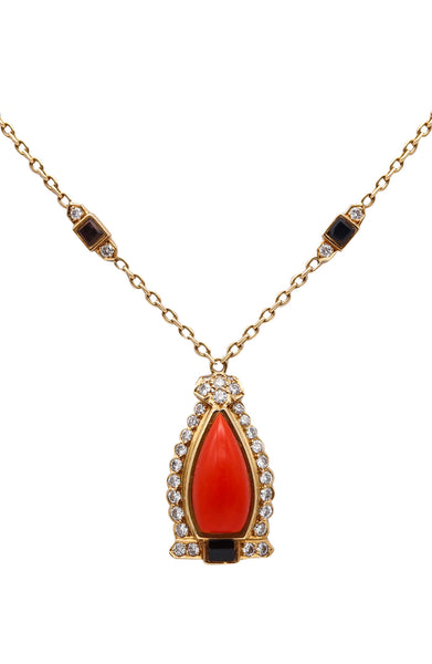 CARTIER Paris 1940 Art Deco Necklace In 18Kt Gold With Diamonds Coral & Onyxes